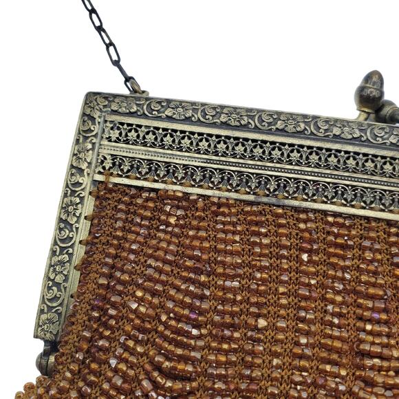 Art Deco Beaded Handbag 1920s Flapper Purse Vintage Bronze Chain Copper Fringe - Picture 6 of 10